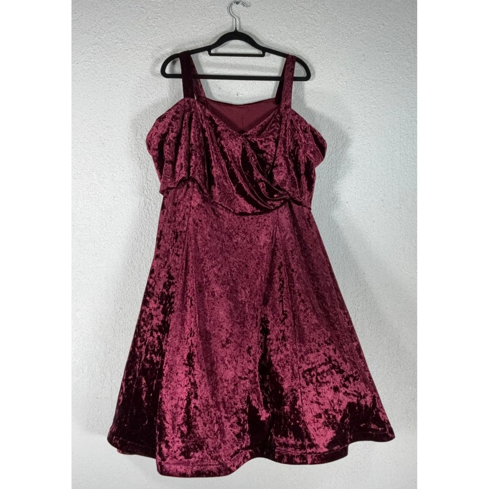 Burgundy Crushed Velvet Fit & Flare Dress - L - Cold Shoulder Holiday Goth Party